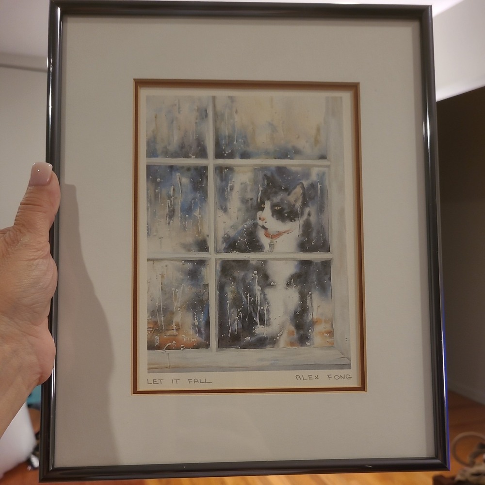 Alex Fong "Let It Fall" Cat Looking Out of Rainy Window Framed Matted Art Print
